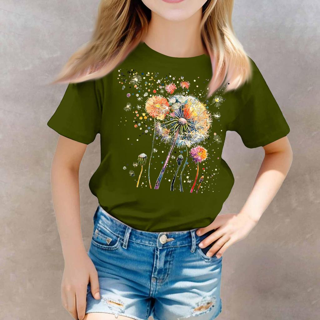 Girls Round Neck Casual Printed Short-sleeved T-shirt Top