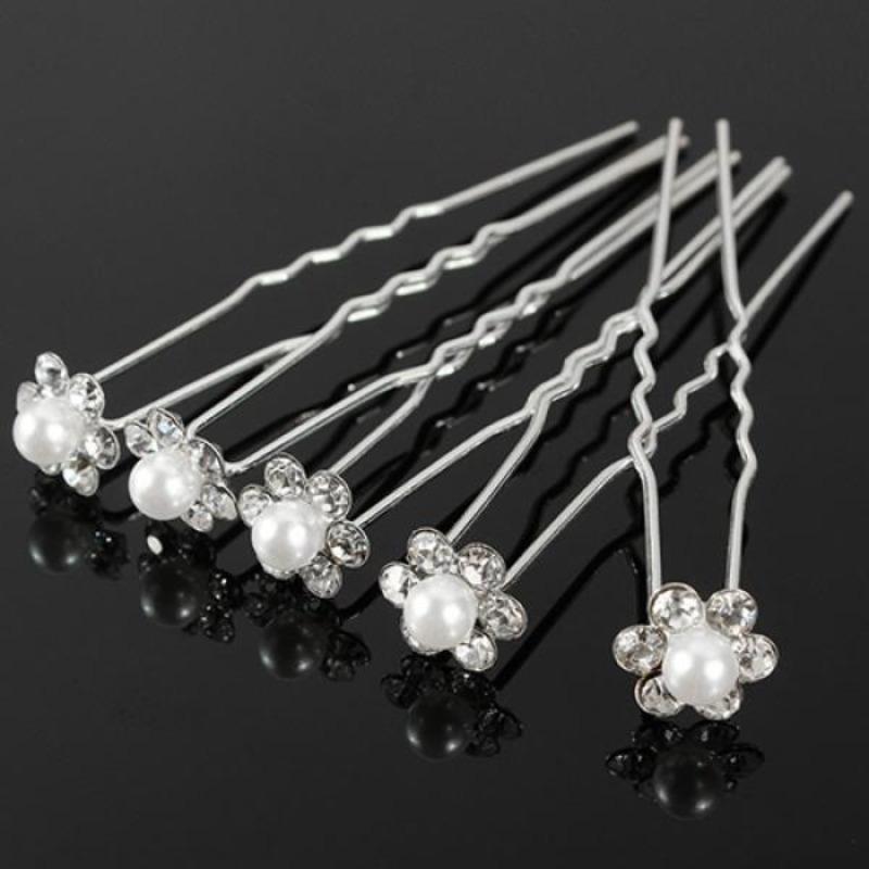 20Pcs Wedding Bridal Faux Pearl Rhinestone Flower Hair Stick Pins Clips Silver Color Jewelry
