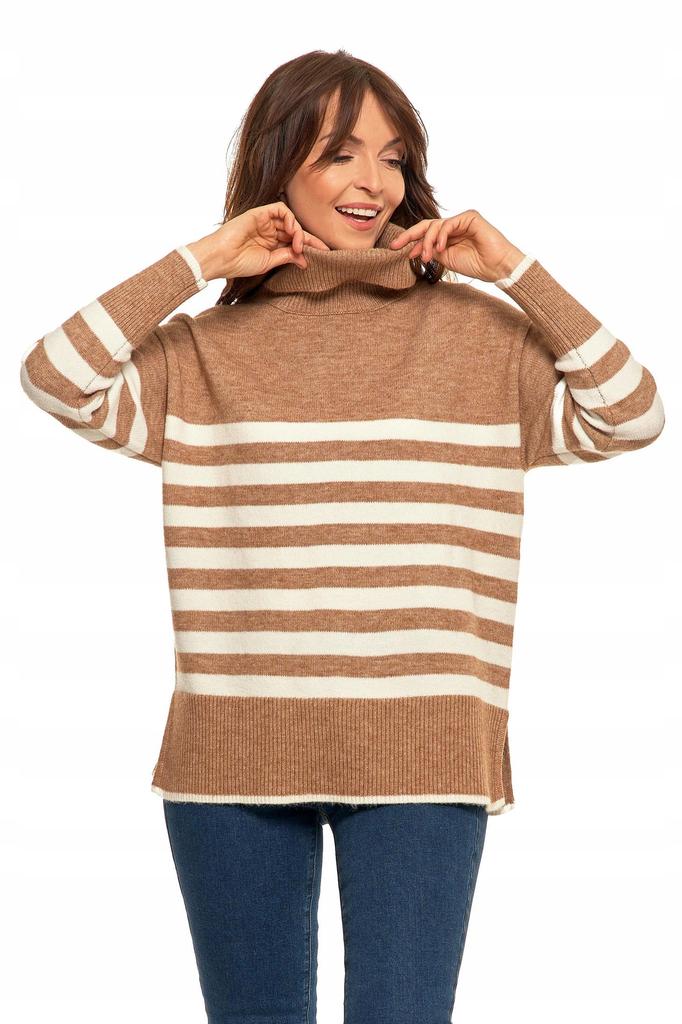 Women's Classic Long Sleeve Striped Turtleneck Sweater MORAJ M BEIGE