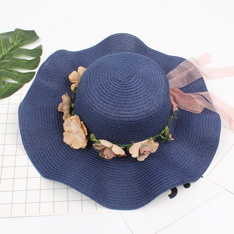 Fashion Summer Wavy Straw Hat Women's Sun CapBeach Eaves Flower Bow Caps