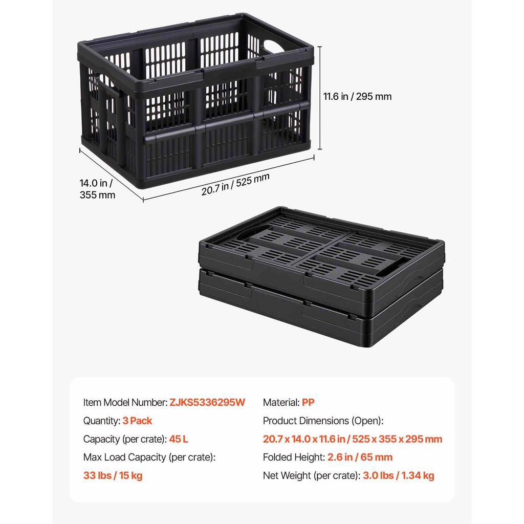 SucceBuy 45L Plastic Opvouwbare Opbergbakken 3 Pakken Houden 15 kg Per Bak Opvouwbaar met Handvatten Ruimtebesparend voor Huis Organiseren