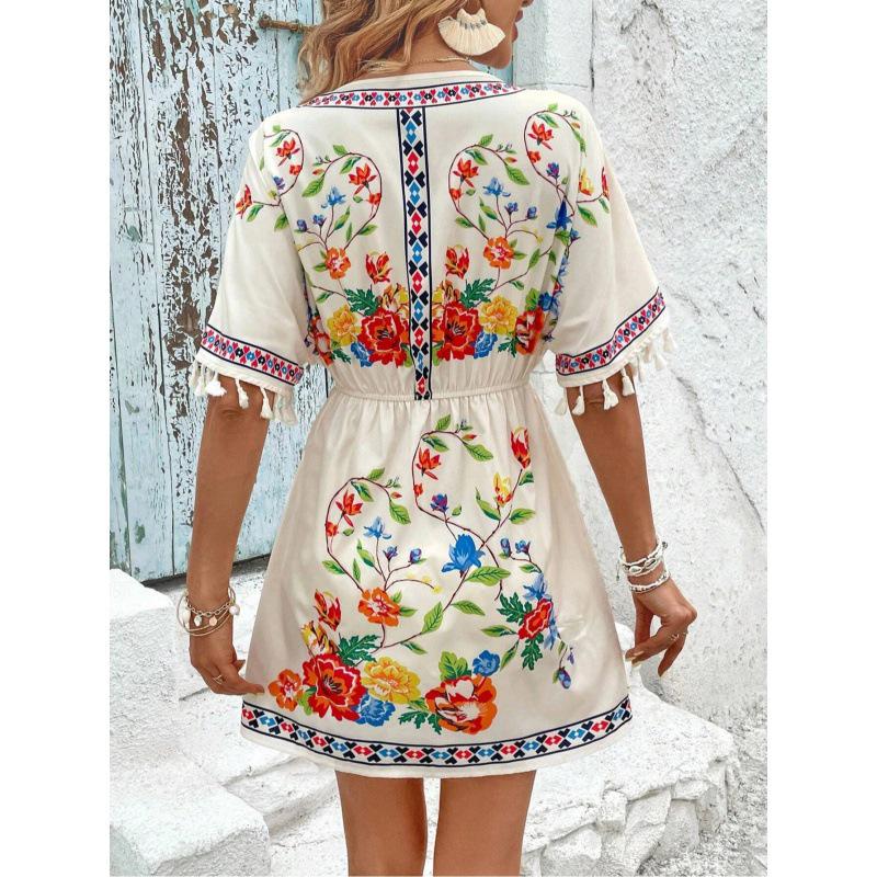 Bohemian Retro Ethnic Tassel Embroidered Waist-Cinching Short Holiday Dress with Short Sleeves