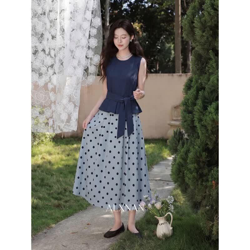 Women s Fashion Blue Polka Dot A-Line Skirt L