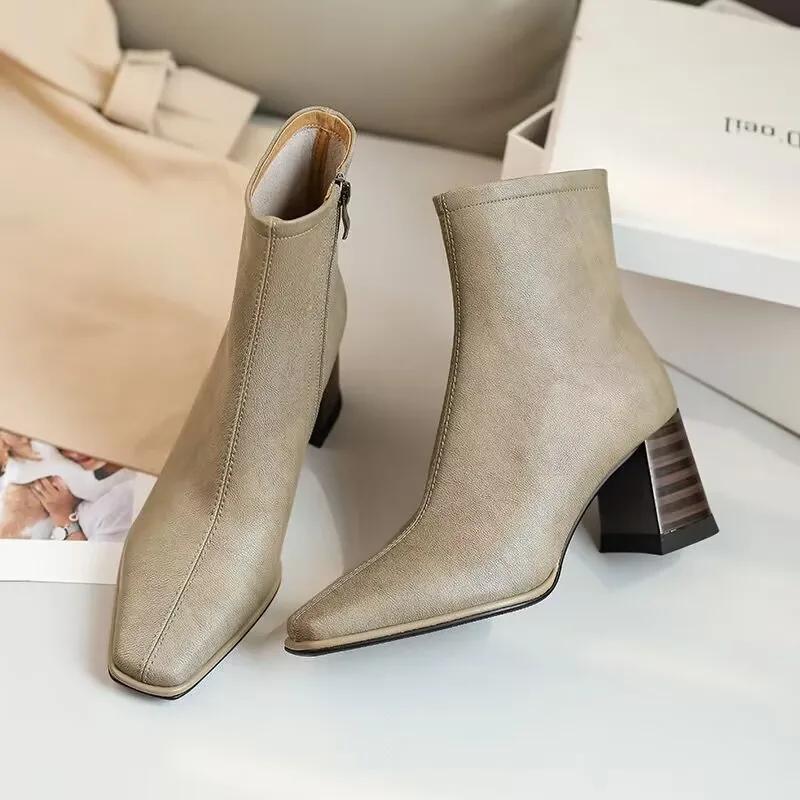 New Women Ankle Boots Square Head Suede Thick Heel Single Boots Low Barrel Mid Heel Side Zipper Solid Color Women Boots