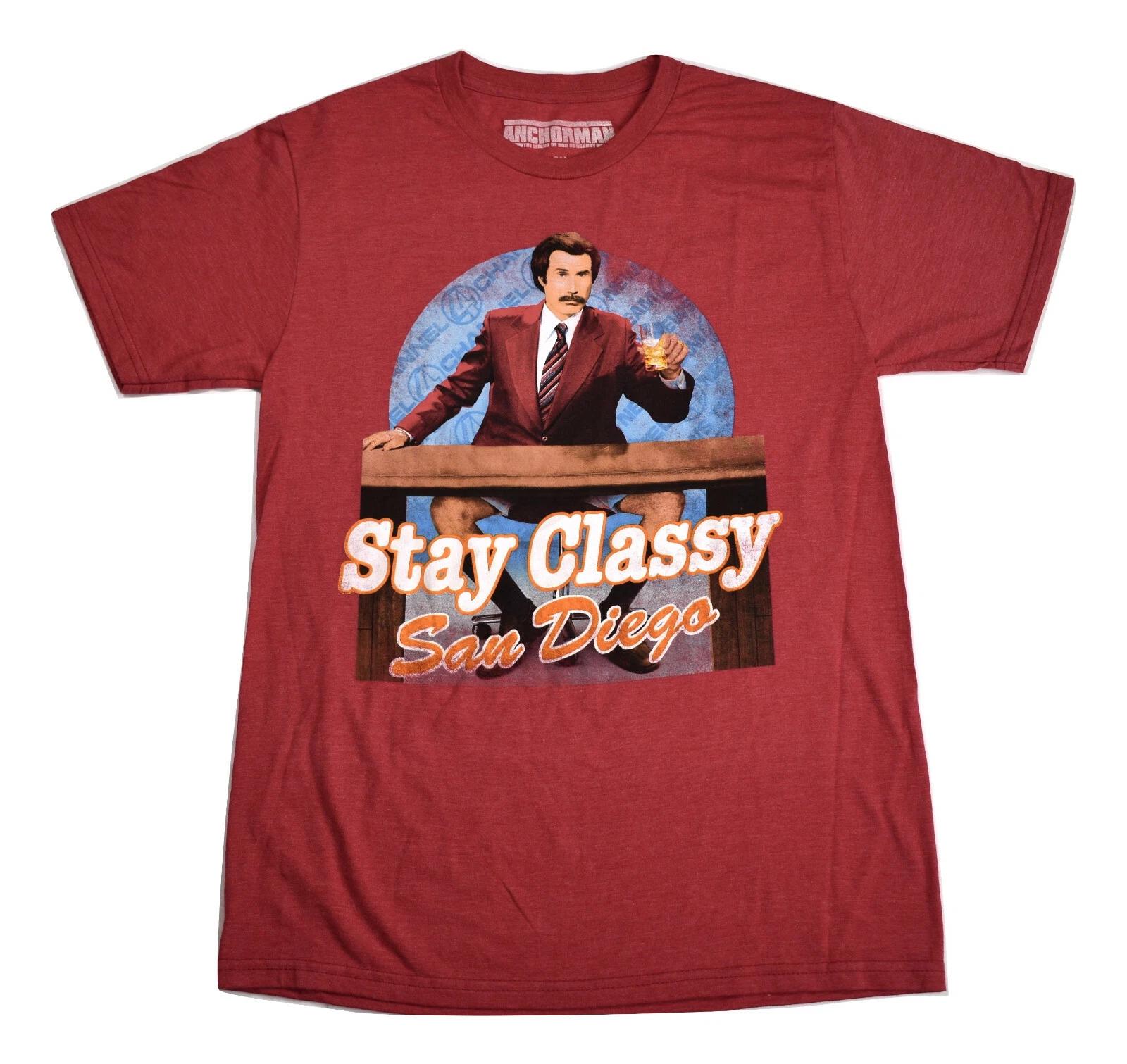 

Anchorman Mens Ron Burgandy Stay Classy San Diego Funny Red Shirt New L, 2XL M