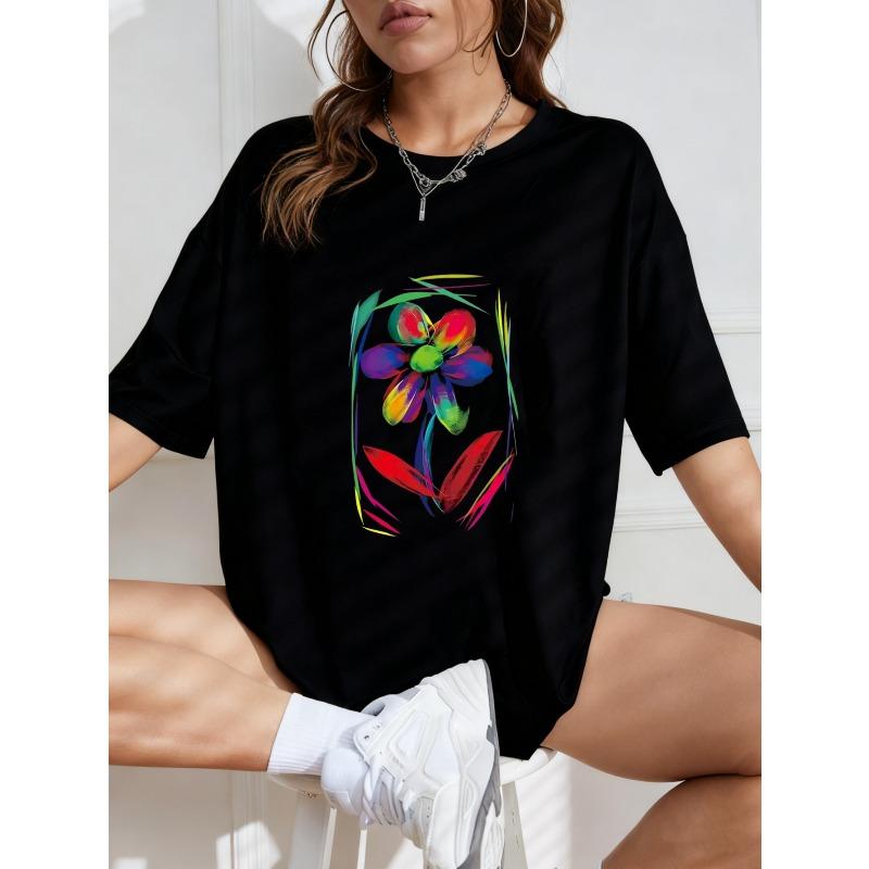 White Oversized T Shirt With Colorful Flower Print For Casual Wear
