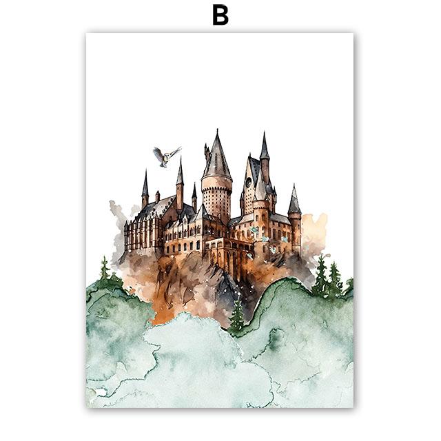 Постер в винтажном стиле H-Hogwarts, вдохновленный волшебником, сова, волшебная школа, замок, поезд, холст, настенное искусство для детской, декор для дома