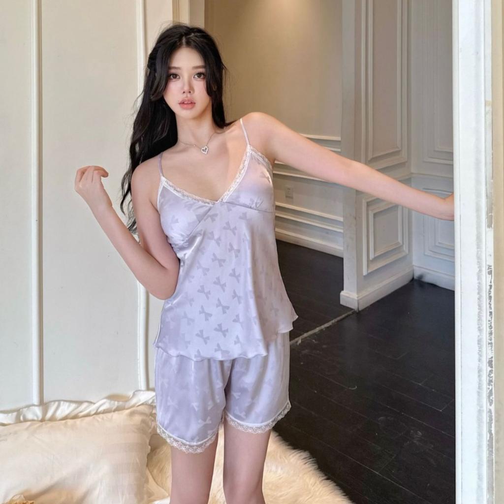 Pyjama en soie glacée pour femmes, été, filles, désir pur, short à bretelles, ensemble loungewear, pyjama femme rose et sexy, loungewear