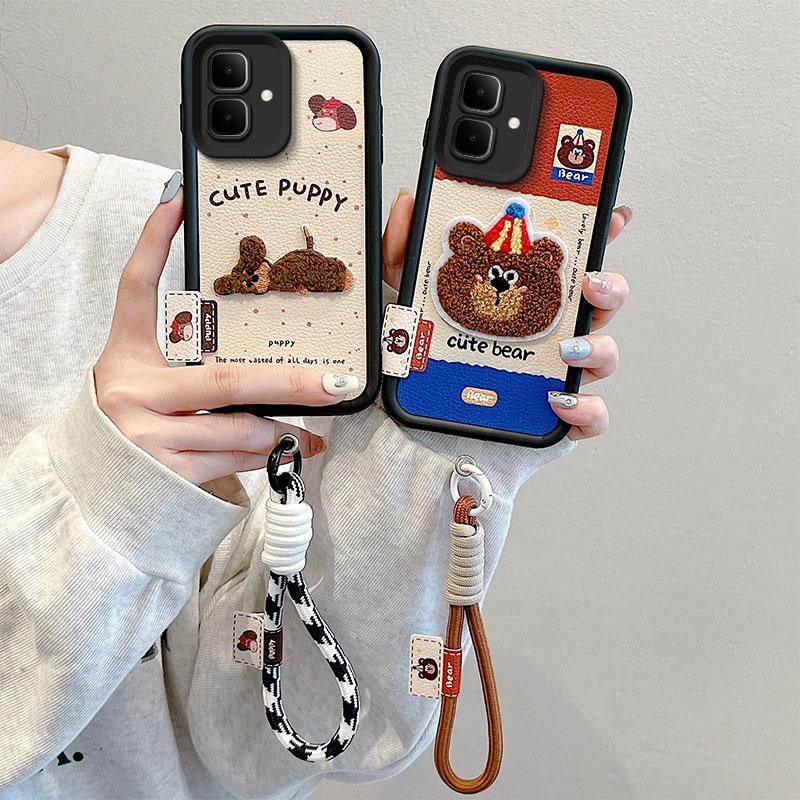 KEYSION Cartoon Cute Plush Embroidery Case for Infinix Smart 10 with Lanyard Silicone Shockproof Phone Cover for Infinix Smart 10