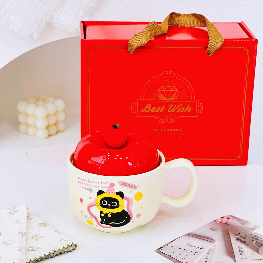 Apple Cat Red Souvenir Set Cartoon Cute Festive Ceramic Cup with Lid Spoon Mug Personalized Hand Cup