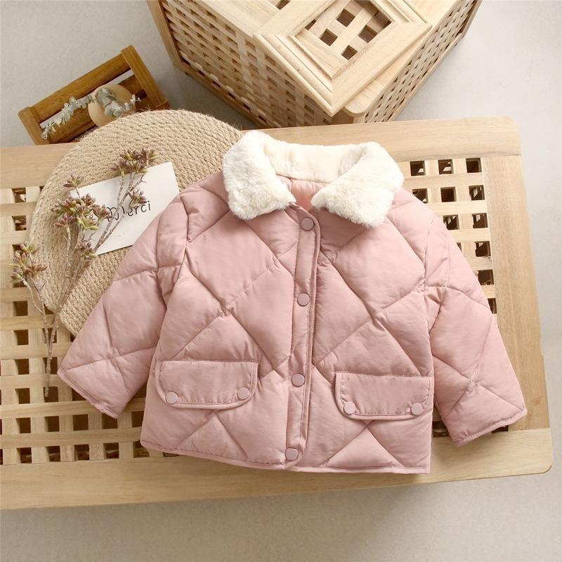 Solid Color Children's Cotton Wear Down Jacket Boys and Girls Personality Thickening Warm Fur Collar Coat