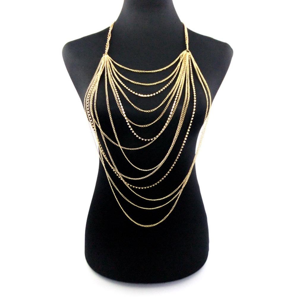 

Sexy Exaggerated Gold Color Multi-layer Tassel Chain Rhinestones Necklace Chest Chain for Women Body Chain Jewelry Accessories золотий