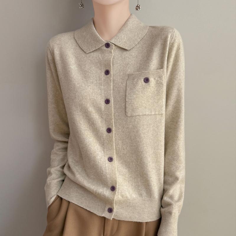 Spring and Autumn New Casual Simple Lapel Knitted Cardigan Solid Color Single Pocket Sweater Jacket