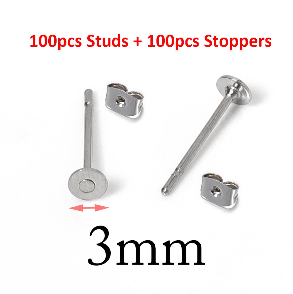 100pcs Gold Color 316L Stainless Steel Earring Studs DIY Ear Blank Post Pins 3-12mm Flat Round Tray Base Ear Jewelry Making DIY