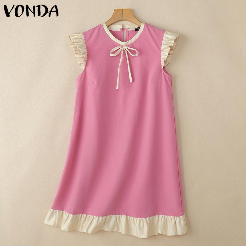 

VONDA Women Summer Sleeveless Bow Knot Ruffled Splicing Tanks Dress 5XL
