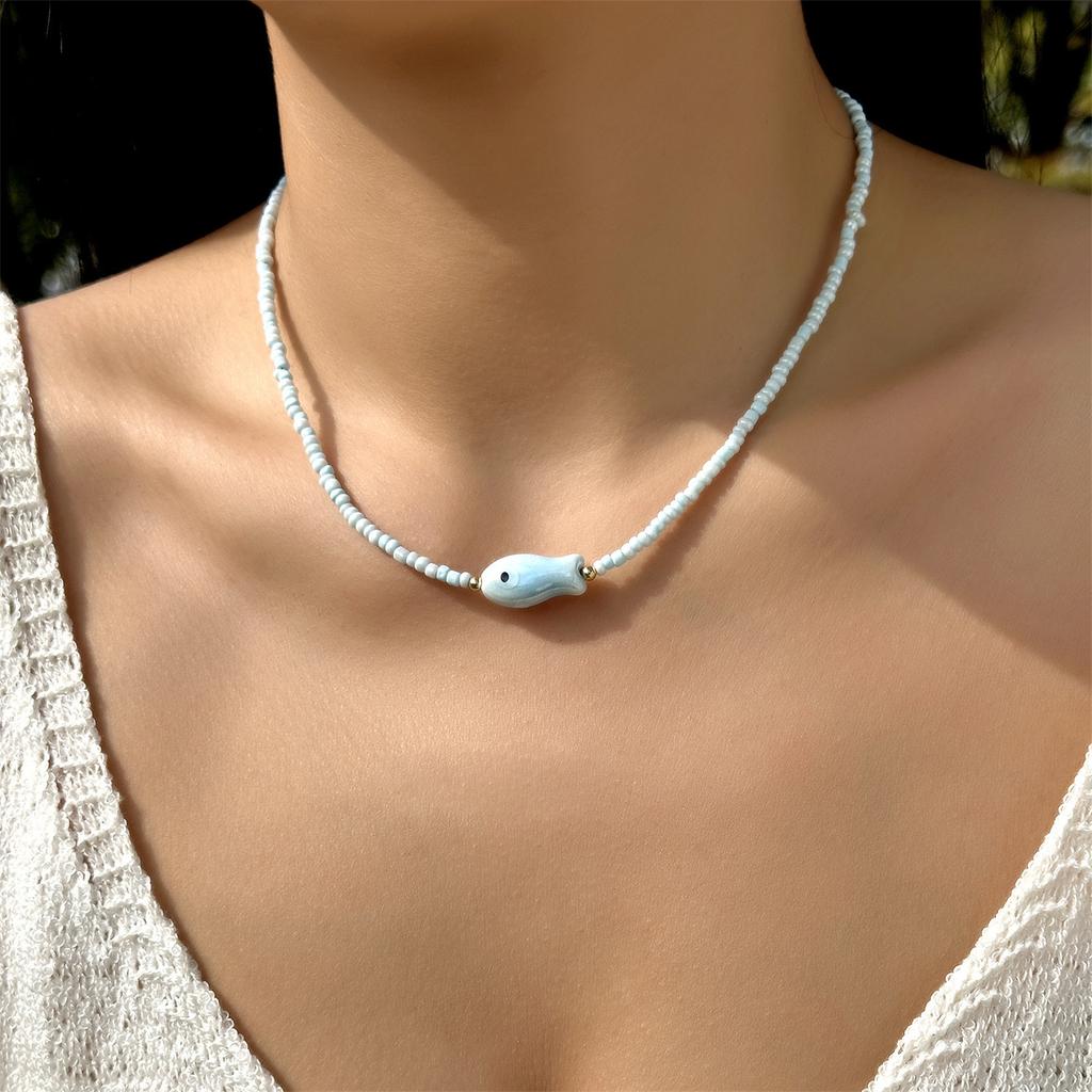 Gmai Ceramic Fish Pendant Necklace for Women Multicolor Rice Beads with Turquoise Accents Delicate Fish Jewelry for Everyday Vacation