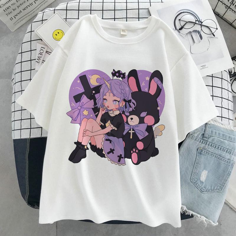 Anime Kawaii Print T-shirt Women Harajuku Aesthetic Pink Tops Emo Tshirt 2021 New Summer Korea Fashion Y2k Casual Female T Shirt