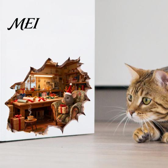 Bathroom Glass Window Stickers Christmas Mouse Wall Sticker, 3D Realistic Cute Illustrations Decal, for Waterproof PVC Decorative Holiday Home