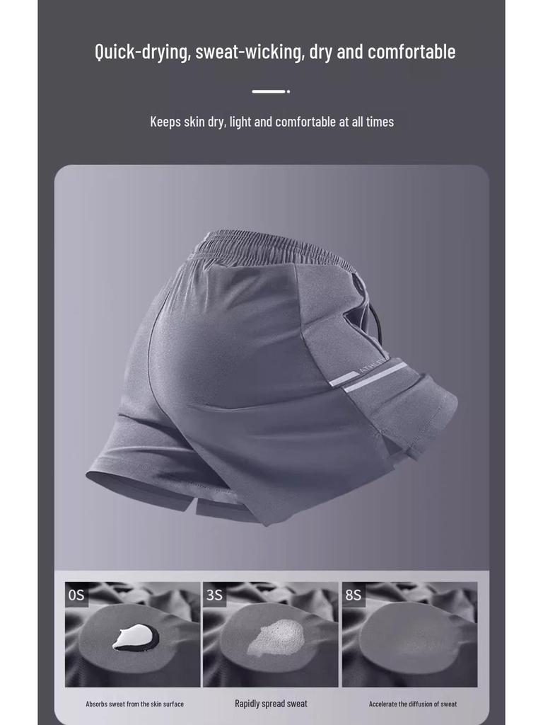 Men's Ice Silk Quick-Dry Fitness Shorts, Three-Quarter Length with Zipper Pockets