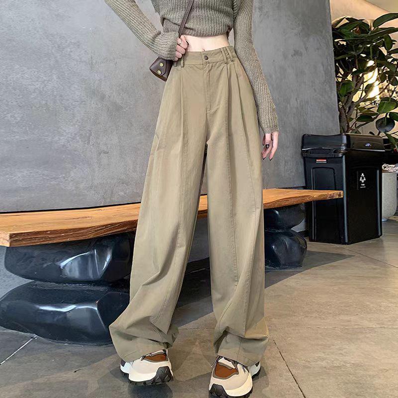 Khaki Retro High-Waist Wide-Leg Women's Work Pants, Extra Long Version for Tall, Spring/Autumn 2025.