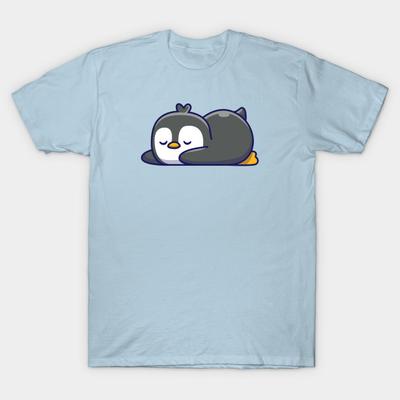 Men Black Print T-shirt Cute Penguin Sleeping No-Cut Heat Transfer Print Cotton Tshirt