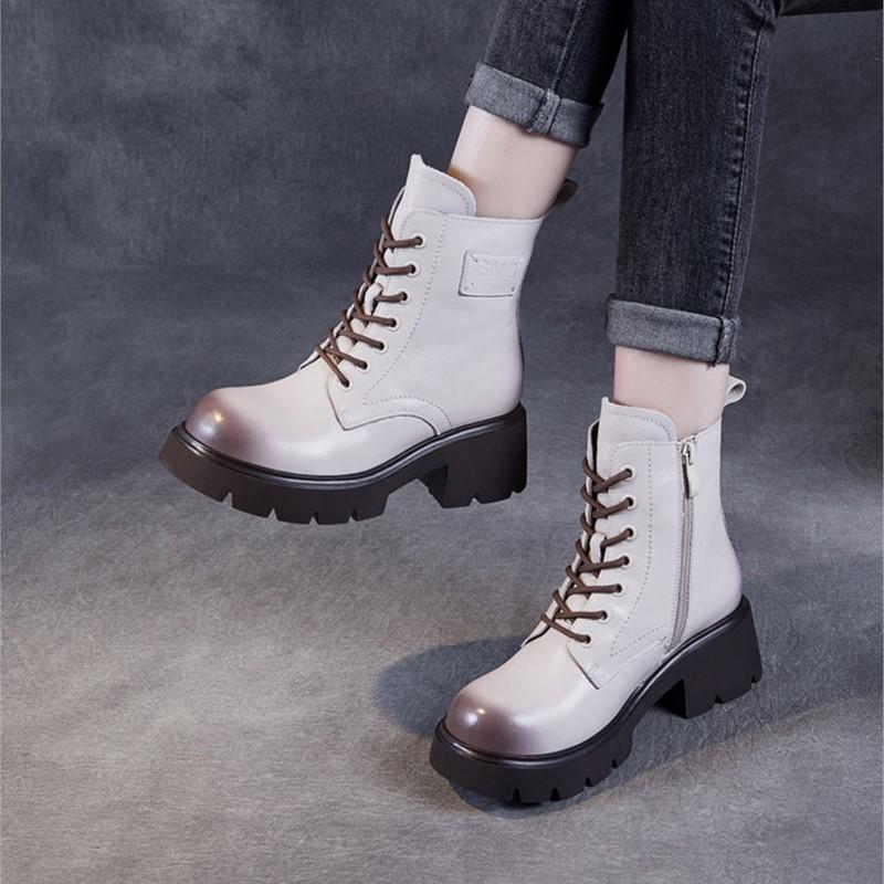 Johnature Genuine Leather Wool Short Boots Warm Snow Boots Thick Heel Thick Soled Women's Boots