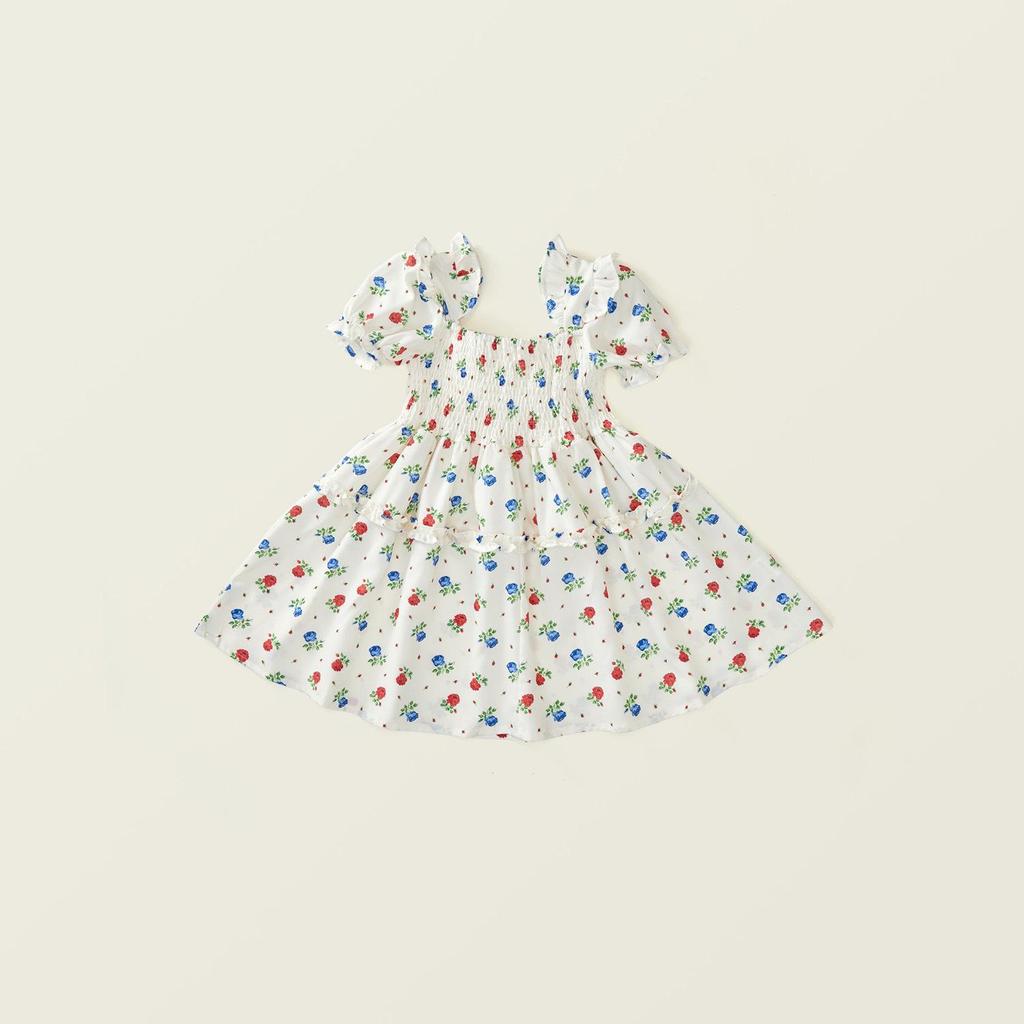 Clearance: Girls' Floral Smocked Short-Sleeve Dress - Summer 2025 Korean Style