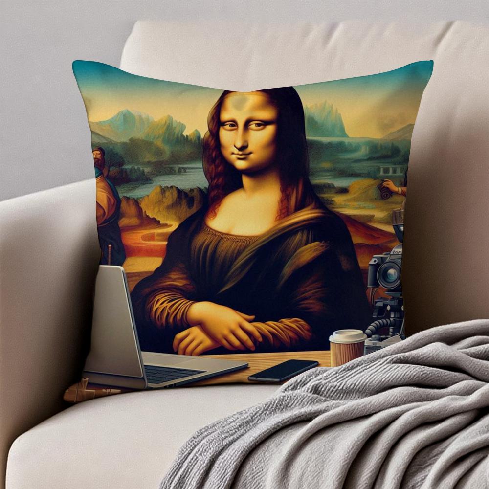 Creative Abstract Funny Art M-Mona Lisa Cushion Cover Pillowcase Anti-Dustmite Invisible Zipper Short Plush Sofa Cushion