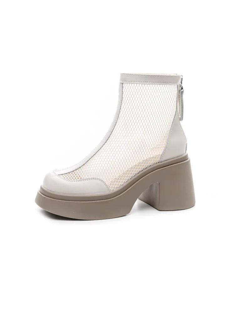 

2025 New Women s Fashion Boots Mesh Hollow Breathable Zipper High-heeled Short Boots Summer Thin Section of The Short Cold Boots 35 бежевий