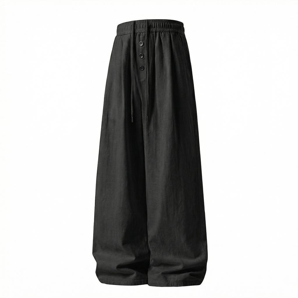 Mens Loose Straight Long Contrast Color Button Front Casual Pants