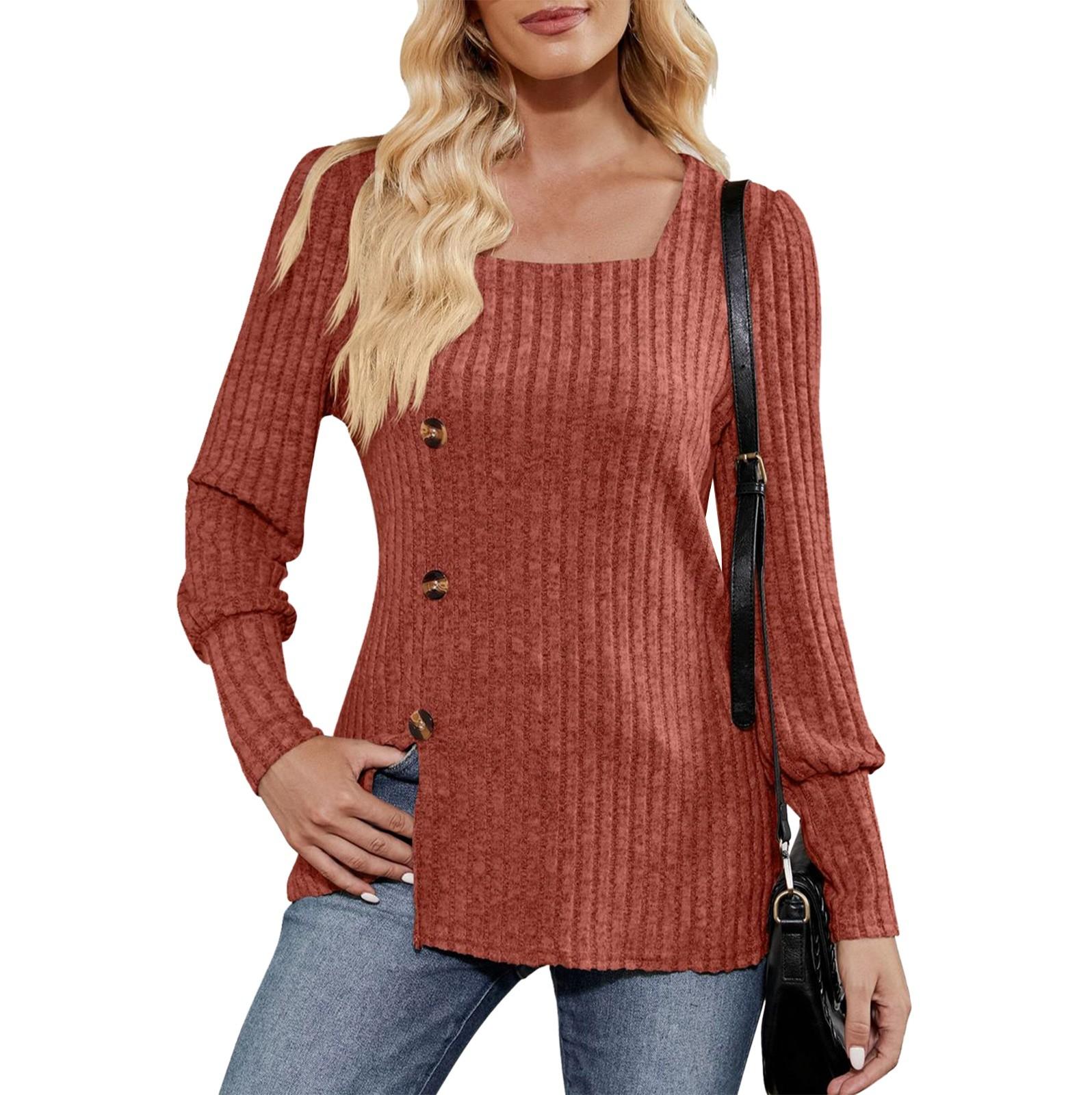 

Women s Winter Square Neck Bubble Long Sleeve Split Sweater T-shirt XL коричневий