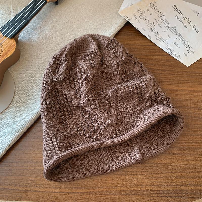 Knitted hollow stack hat female face small bag head cold hat Korean version versatile big head circumference loose hat