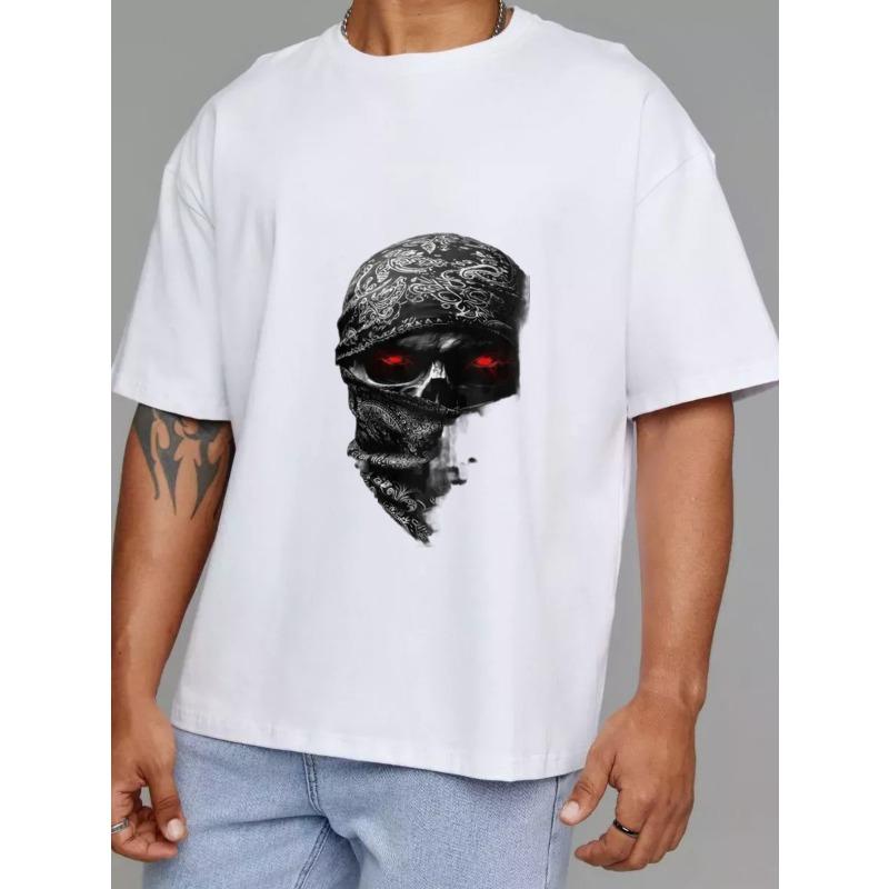 Herren Weißes T-Shirt mit Totenkopf-Bandana Rote Augen Grafik für Freizeitkleidung