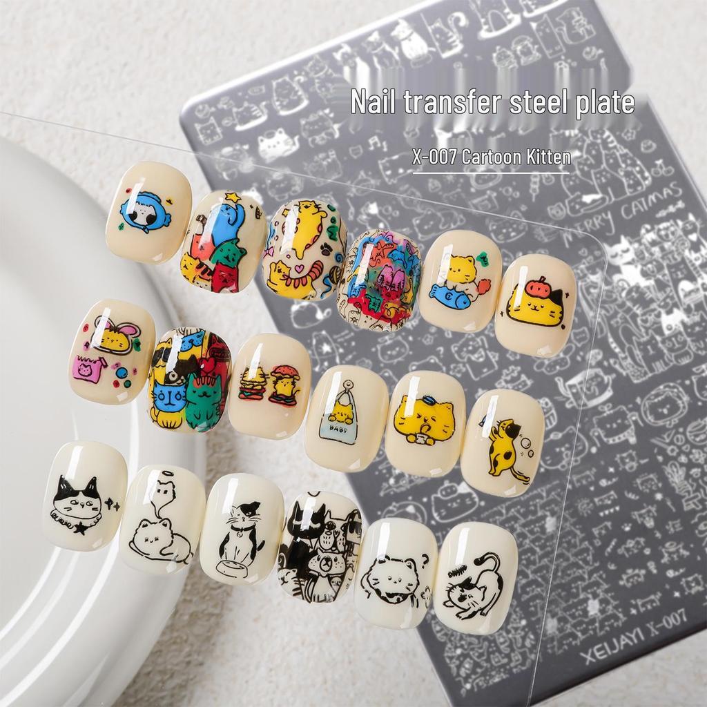 X-007 Cartoon Kitten Nail Art Stamping Plate with Scraper - Multiple Patterns, High-Quality Design