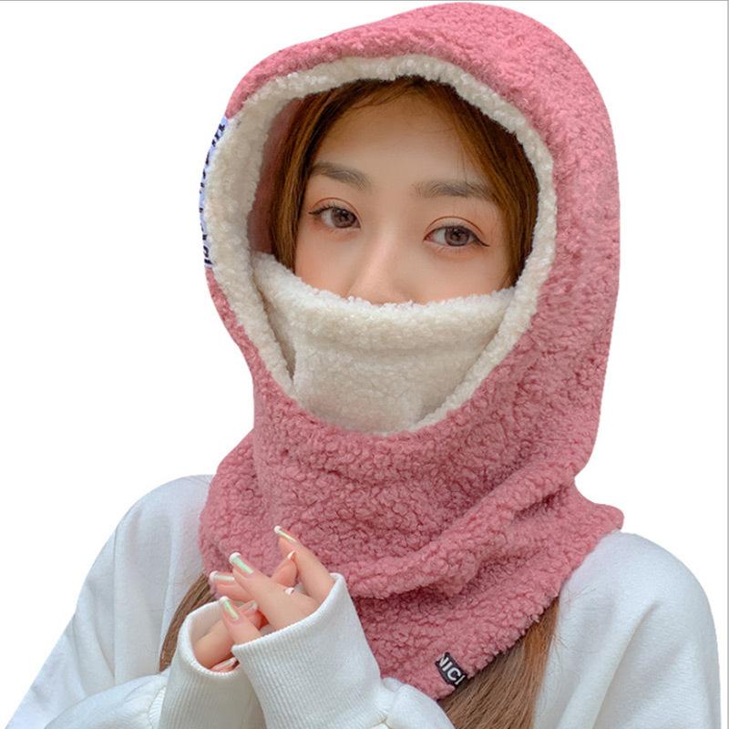 Lamb Wool To Keep Women Warm In Winter, Thickened Anti-wind and Cold, Ear Protection, Face, Scarf, Mask, Integrated Hat, Cycling