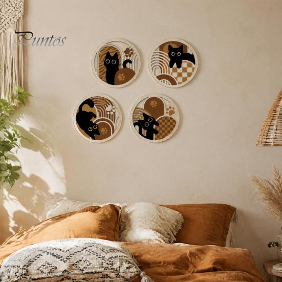 Minimalist Pet Home Decor 4Pcs Wooden Cat Wall Decor, 2D Flat Geometric Hollow Art Prints Modern Bedroom Accents Art, Hanging Signs for Living