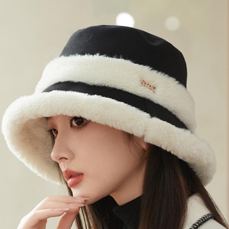 

Plush Fisherman Hat Women Winter Polyester Fiberlarge Bucket Cap Fashionable and Versatile Warm Plush Pot Cap Ear Protection Hat чорний