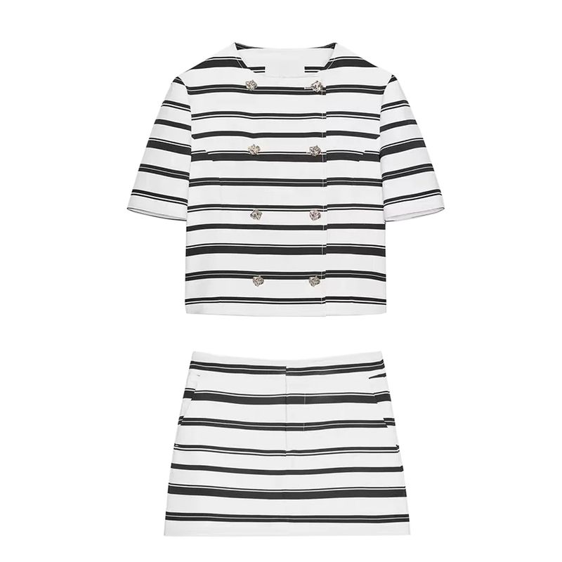 Short Sleeve Stripes Casual Suit Jacket 3607345 Pocket Decoration High Waist Girly Style Pantskirt 3604345