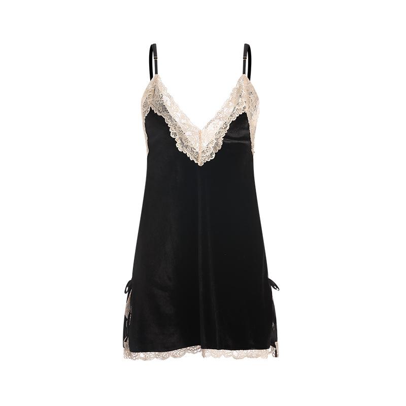 Women’s Sexy Lace Backless Velvet Bridal Nightgown Side-Slit Cami Sleep Dress