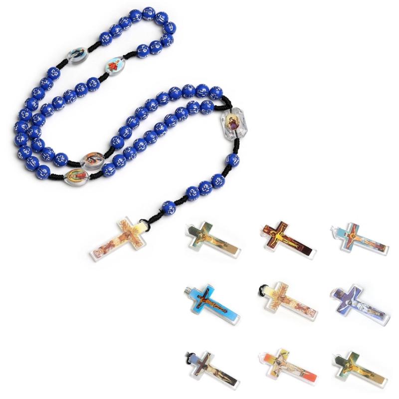 Handmade Plastic Beaded Necklace with Cross Pendant Fashion Catholic Cross Rosary Necklace Jewelry for First Communion
