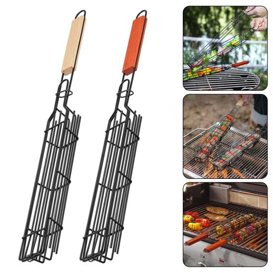 Barbecue Grill Baskets for Meat Vegetables Lockable Grille Rolling BBQ Cage with Wooden Handle Barbecue Net Rack for Shrimp Fish Veggies