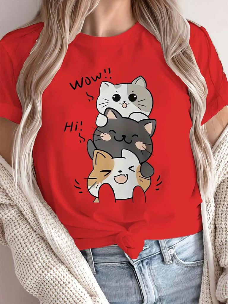 Casual Soft Fabric Short Sleeves Women'S Clothing Three Kittens Printed Short Sleeves Summer Casual Streetwear Tops Tees