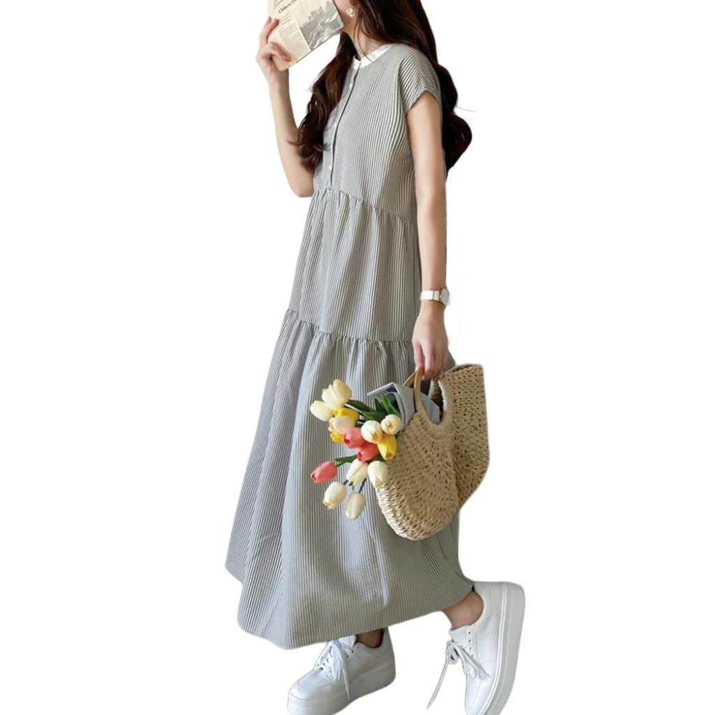 Summer Short Back Size L [UQQA] Women's Dress, Sleeve, Cool, Striped, Spring/Summer, Cute, A-Line, Flared, Split, Flattering, Ribbon, Versatile,