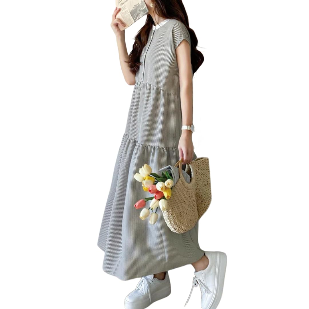 

Summer Short Back Size L [UQQA] Women s Dress, Sleeve, Cool, Striped, Spring/Summer, Cute, A-Line, Flared, Split, Flattering, Ribbon, Versatile, зелёный