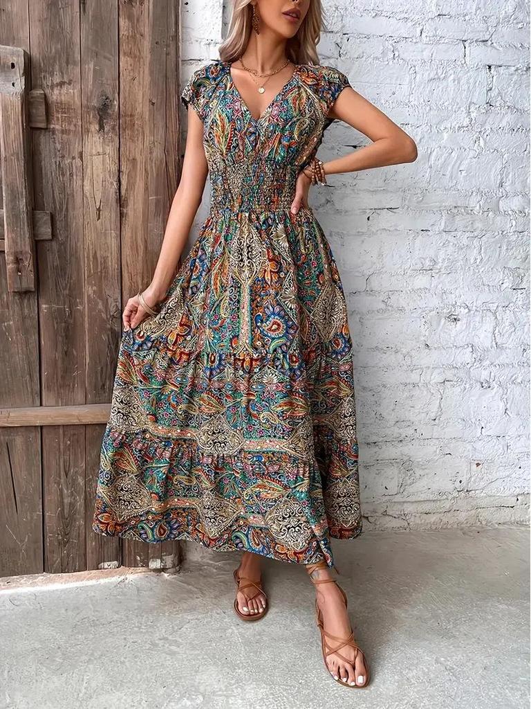 French Bohemian Holiday Print Midi Dress