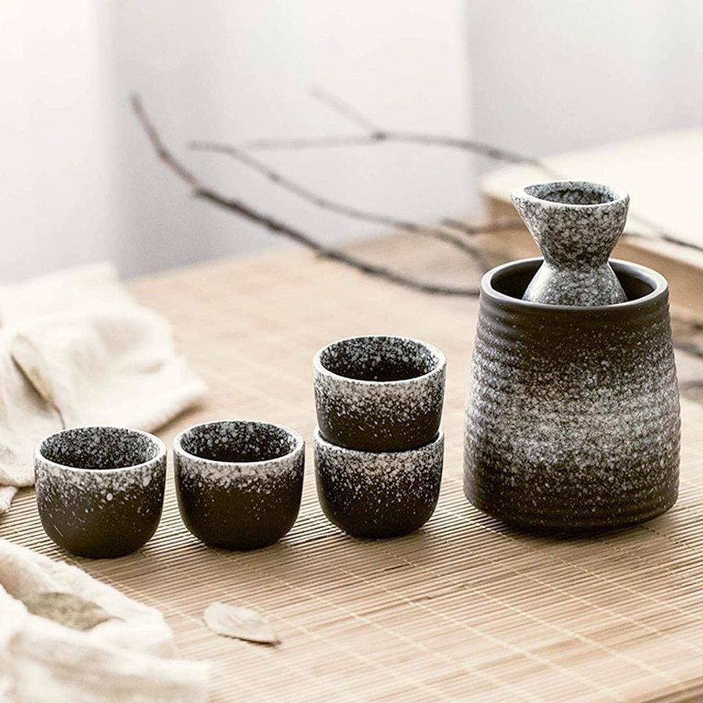 6 PCS Sake Set with Warmer, Japanese Traditional Ceramic Japanese Sake Cup Sets with Warmer, 1 Sake Pot, 4 Sake Cup and Warming Pot