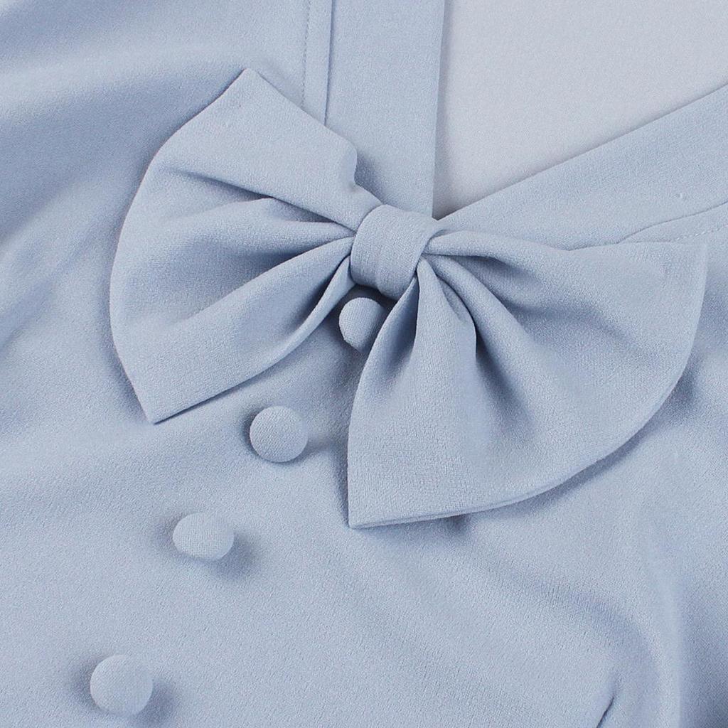 Damen Retro Swingkleider Kurzarm V-Ausschnitt Schleife Knopfleiste Gürtel Hepburn-Stil Kleid Hohe Taille Freizeitkleidung