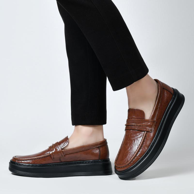 2450 Men's Slip-On Leather Loafers, Thick Sole, Casual, Low-Top, Large Size, Handmade Cowhide, Spring Shoes