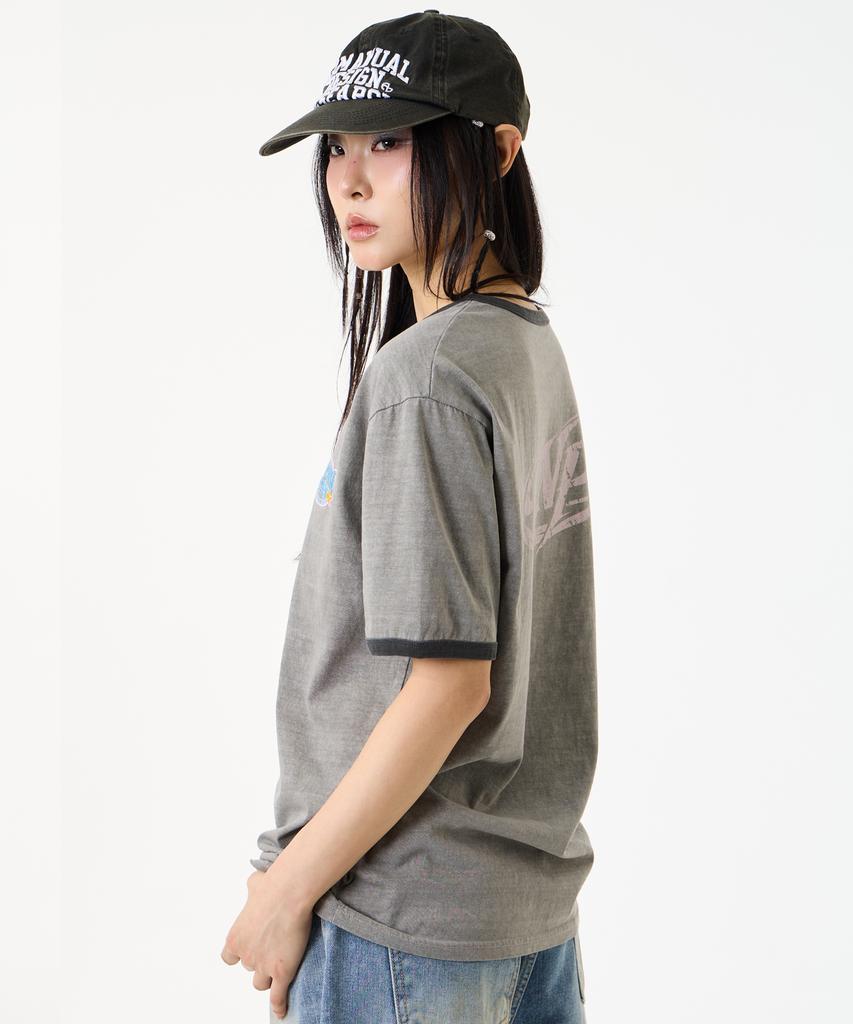 UNKNOWN PLANET [Unp] Pigment-Dyed Graphic Ringer T-Shirt Gray