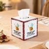 Durable Waterproof Tissue Container Iron Art Square Box, Bee And Bird Watercolor Print Farmhouse Style Paper Napkin Case Holder, Pastoral Decorative